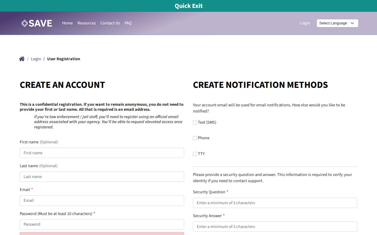 Blank Nevada S.A.V.E. user registration page for custody alerts