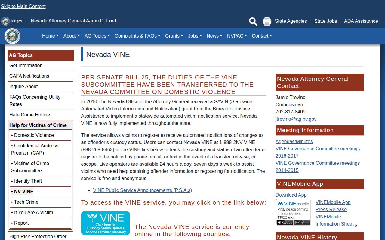 Legacy Nevada VINE information page, superseded by Nevada S.A.V.E.