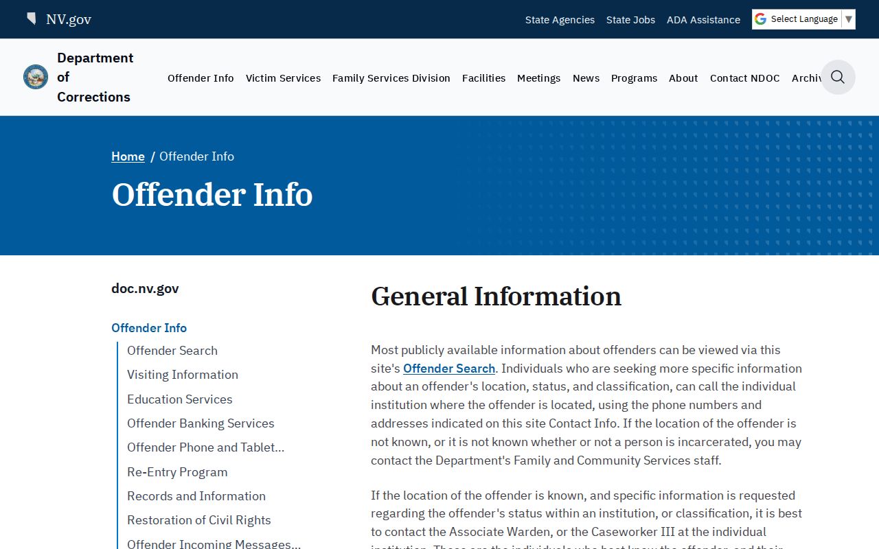 Nevada Department of Corrections inmate information scope notice