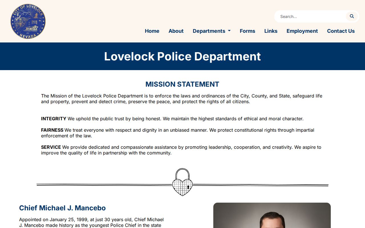Official Lovelock Police Department webpage without a booking-photo gallery