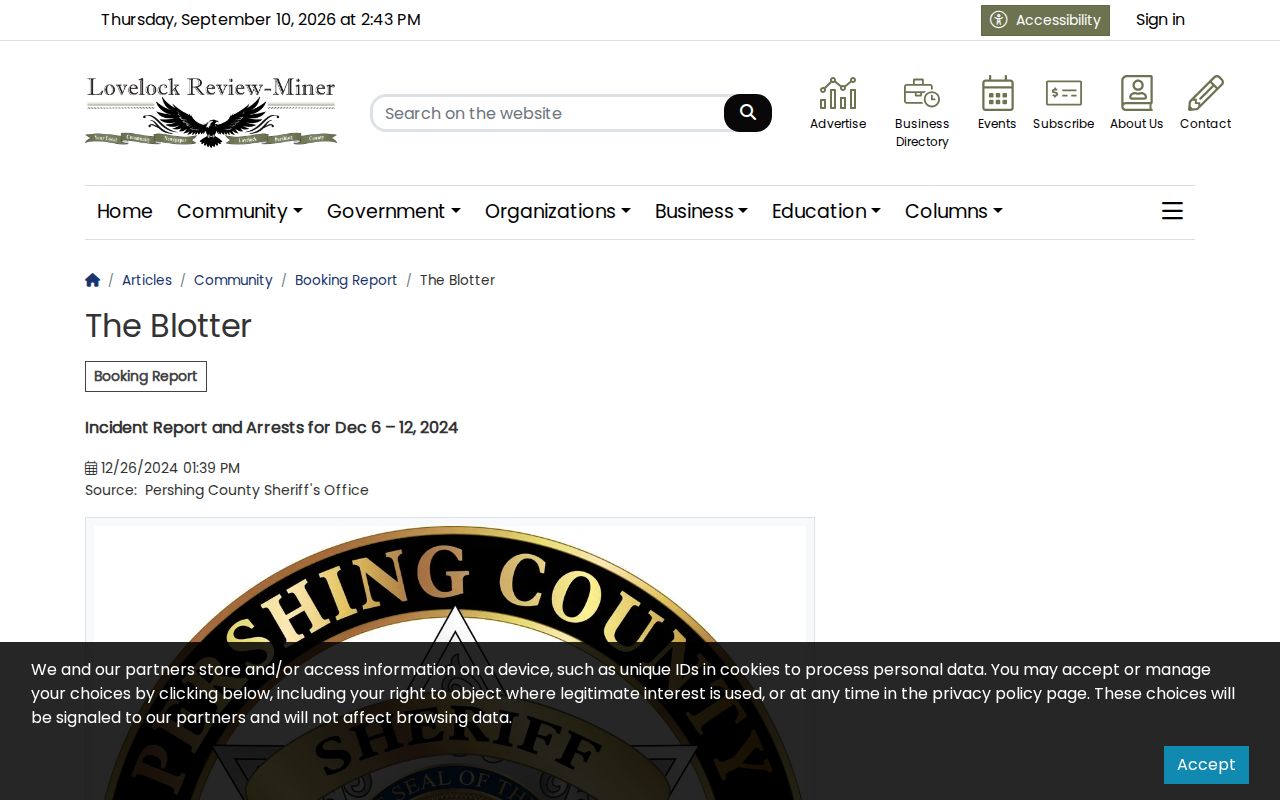 Lovelock Review-Miner The Blotter article for Pershing County
