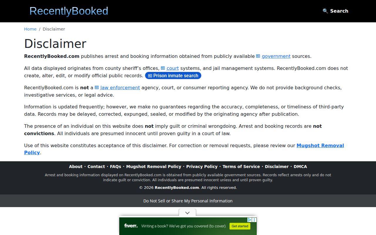 RecentlyBooked disclaimer explaining unofficial information limits