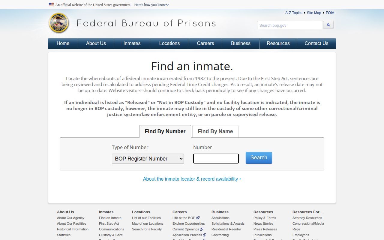 Federal Bureau of Prisons blank inmate locator search form