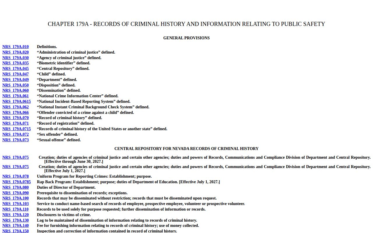 Nevada Revised Statutes Chapter 179A criminal history page